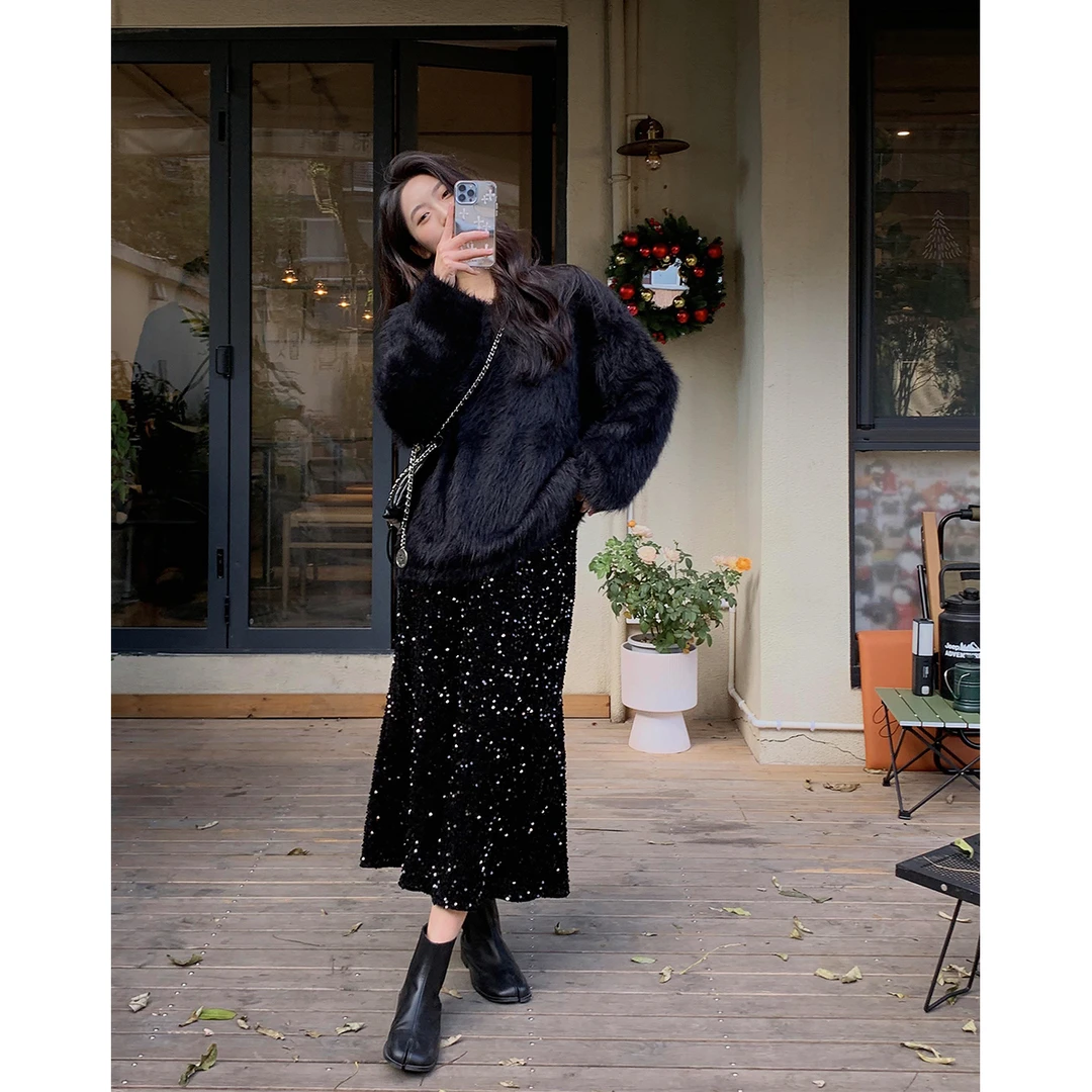 晶咕白标~鎏金岁月~长毛毛衣气质显瘦时尚复古韩版黑色百搭上衣