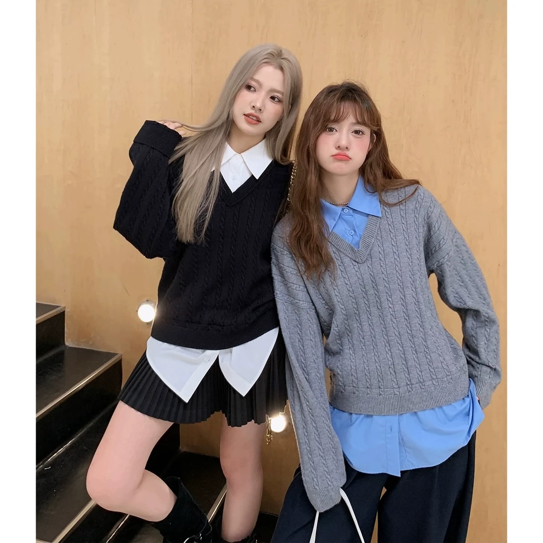 晶咕微胖mm衬衫拼接针织假两件毛衣女秋冬大码宽松显瘦