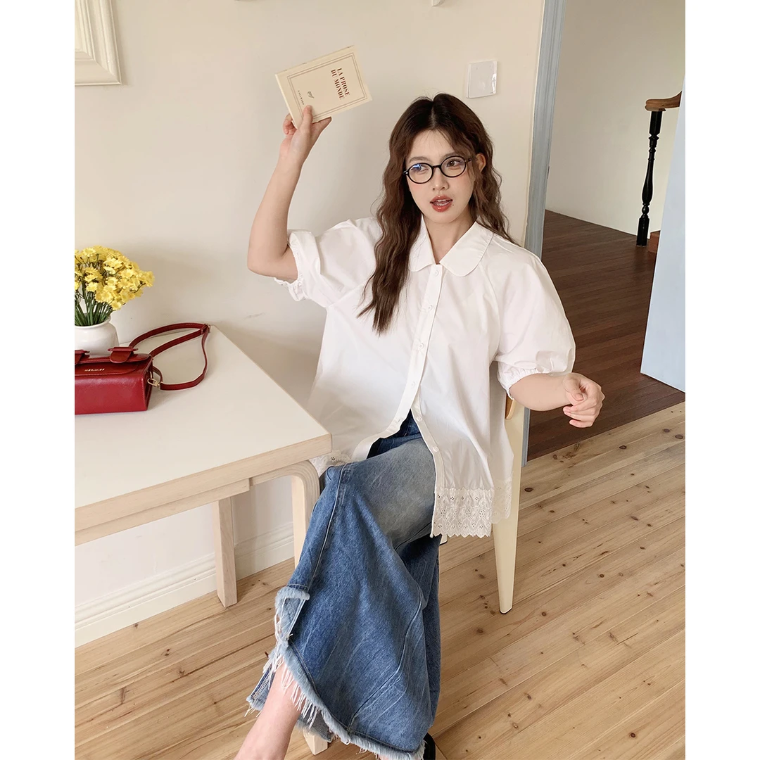 晶咕白标~娃娃领下摆拼接蕾丝花边衬衫女夏季宽松简约款拼接衬衫