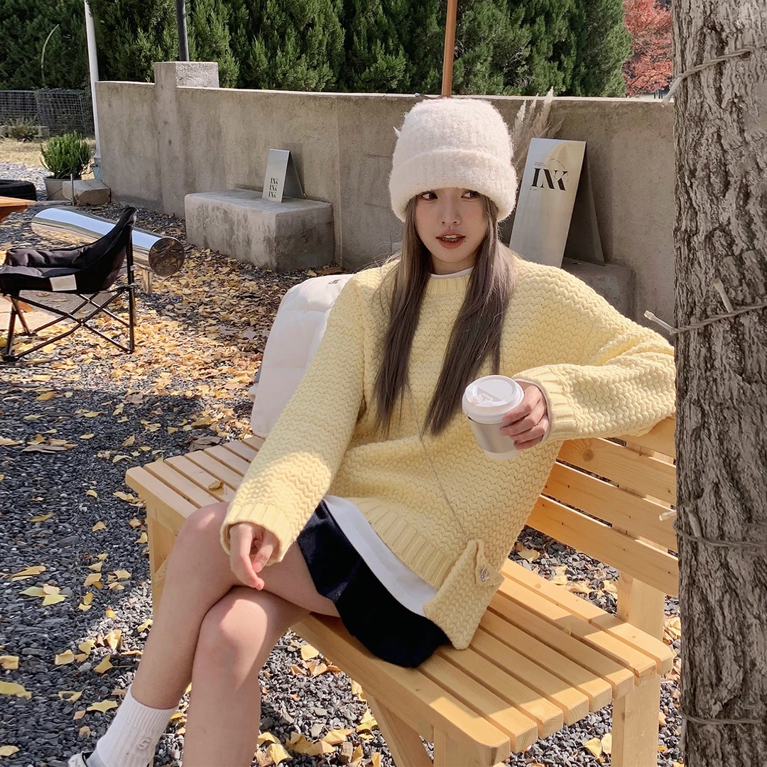 晶咕白标~松软华夫饼~斜挎小包菠萝纹织法毛衣针织衫宽松套头韩版