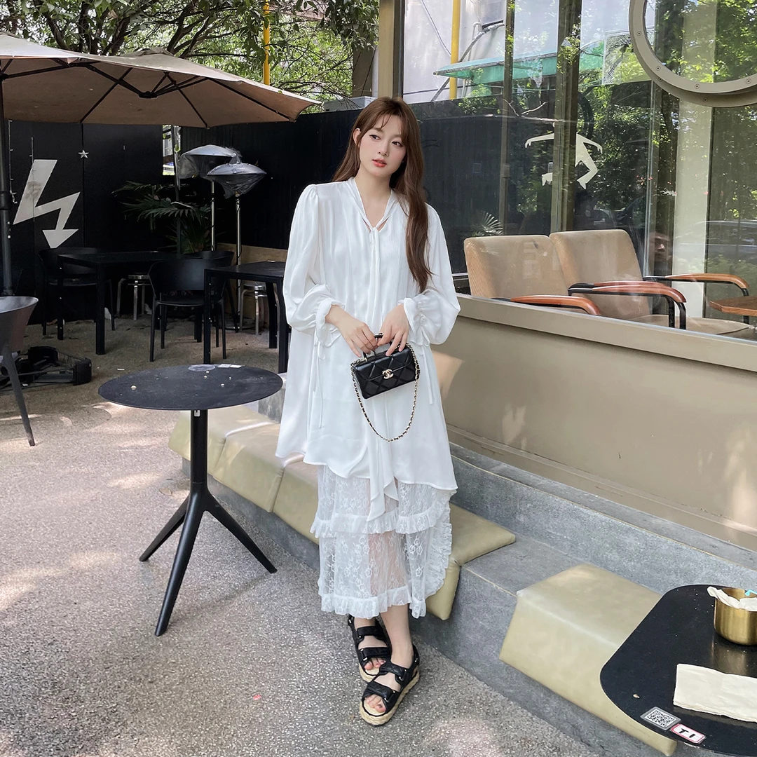 晶咕白标~中长款法式V领飘带长袖衬衫女夏季大码宽松显瘦裙子百搭