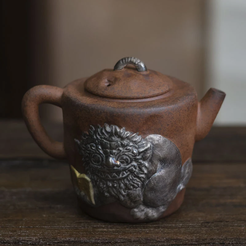【灰念】手作日式复古老岩泥戏狮壶.100cc.4008.原矿描金.陶瓷茶器