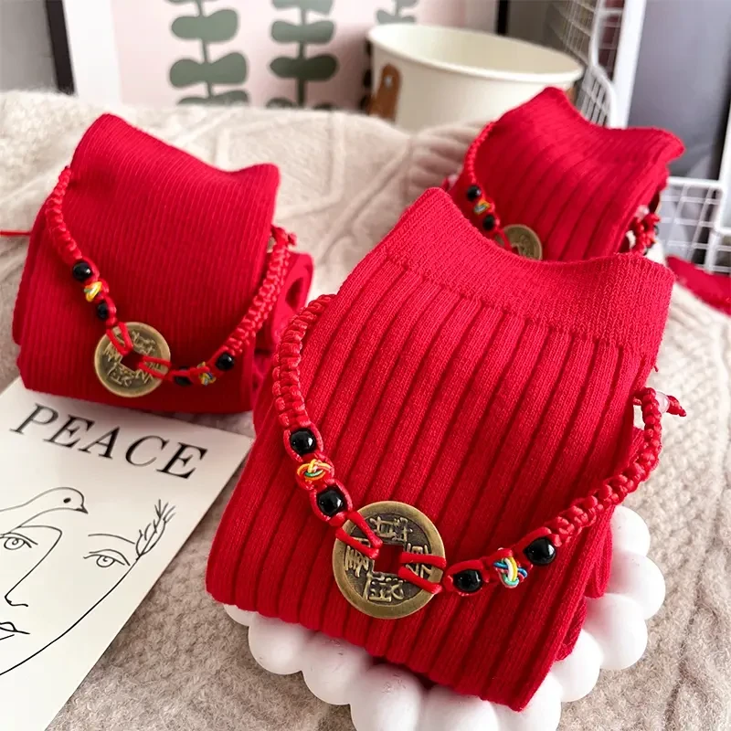 2025蛇年本命年铜钱转运好运红袜子大红色中筒袜祝福新年棉袜D468