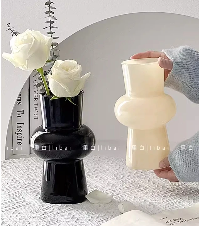 花瓶玻璃透明黑色高级感复古法式小众水培玫瑰摆件客厅插花小C547