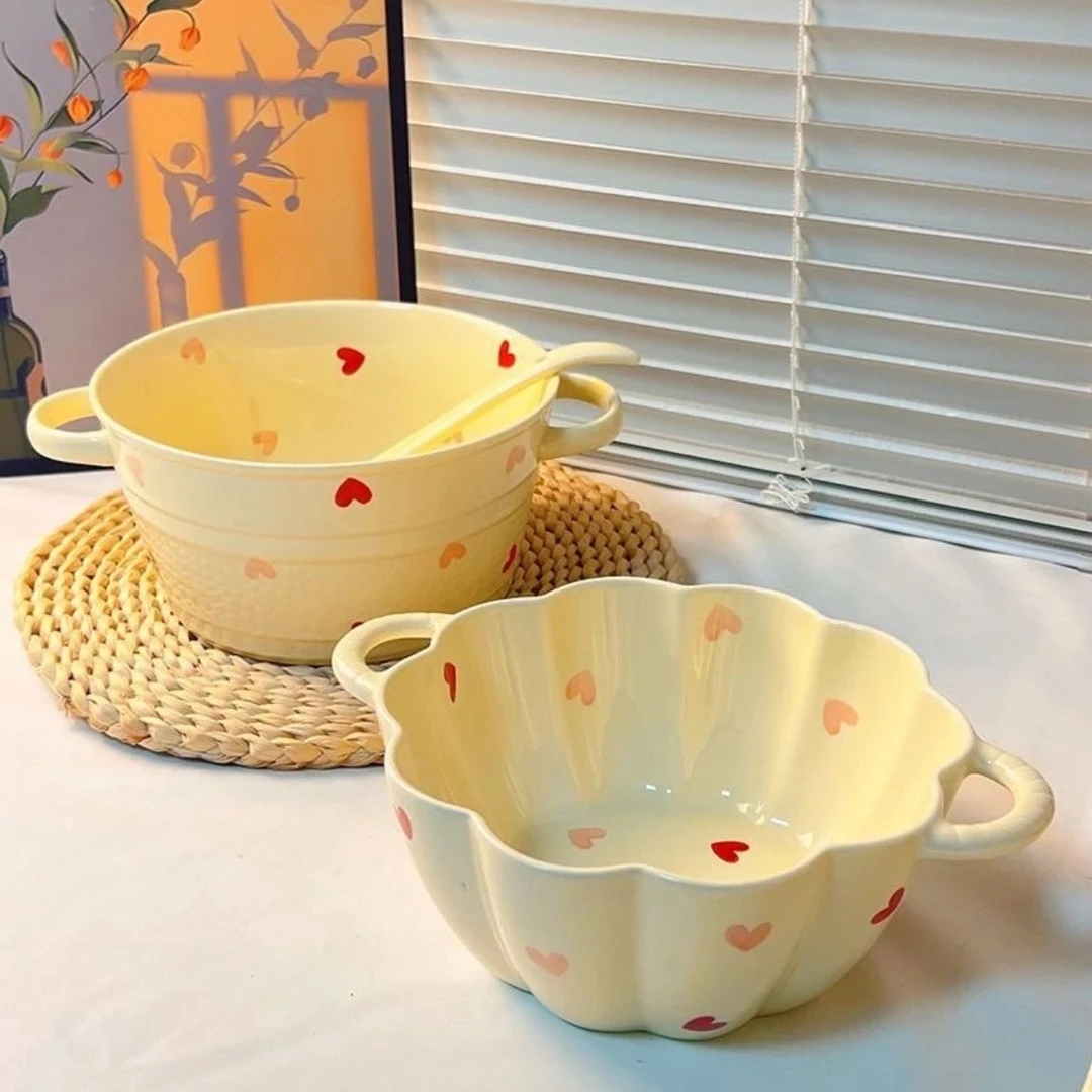 奶油风桃心汤碗少女大容量高颜值耐高温陶瓷双耳碗面家用泡面E039