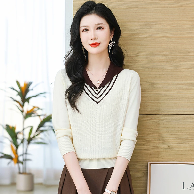 2024春秋新款时尚洋气翻领拼色小衫气质女士上衣可单穿可内搭套头