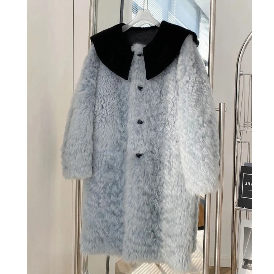 娃娃领仿羊羔毛外套秋冬2024新款高级感小个子中长款皮毛一体女
