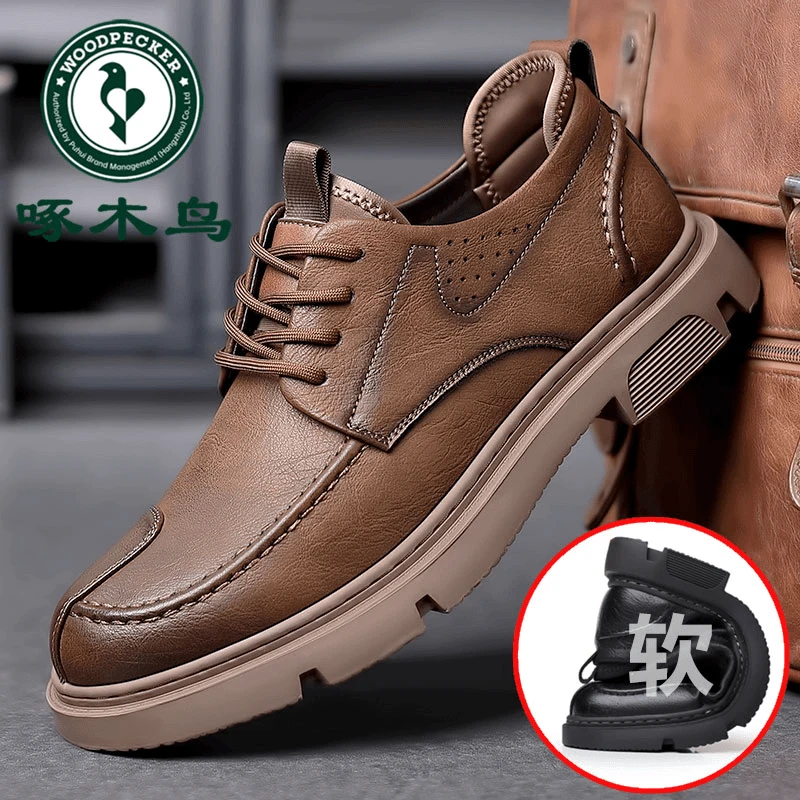 正品啄木鸟休闲男士皮鞋透气软底系带休闲鞋时尚百搭防滑驾车皮鞋