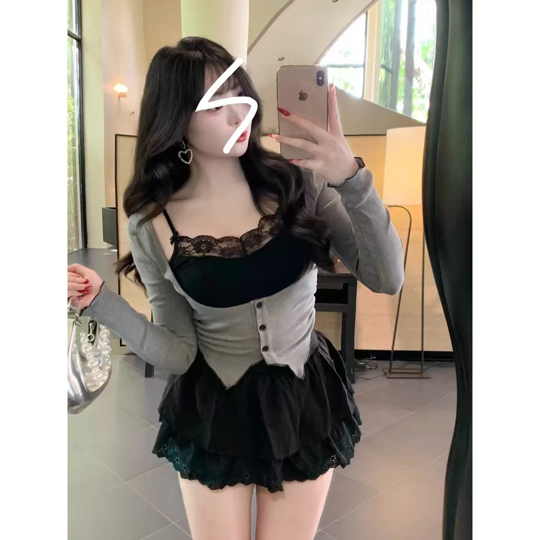 新款时尚百搭显瘦大码纯欲风假两件上衣+裙子时尚套装-6146