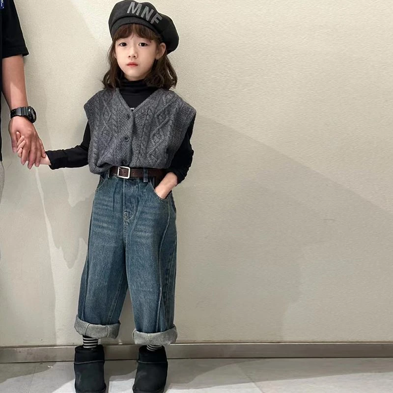 韩国牛仔女孩女童针织马甲春秋秋装新款儿童时髦休闲背心上衣套装