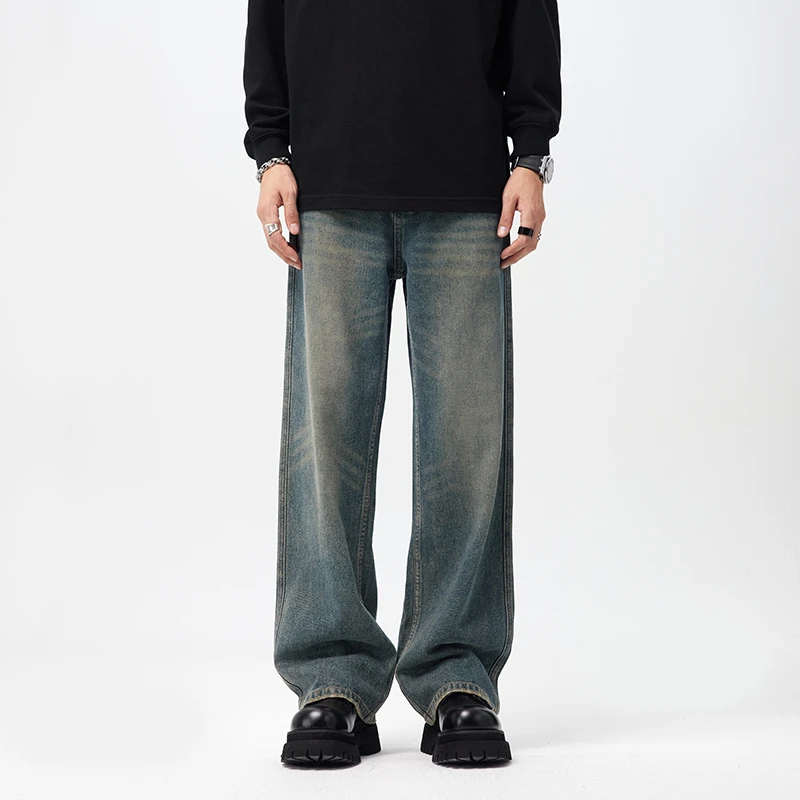 cleanfit秋冬美式复古水洗做旧宽松微喇牛仔裤男vibe高街潮牌长裤