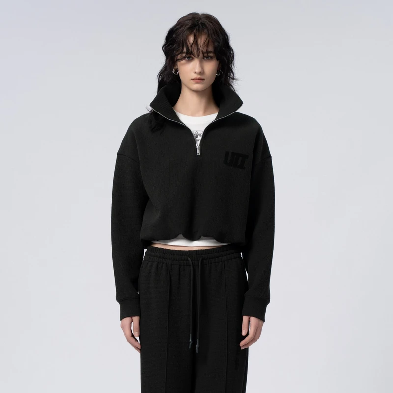 uti黑色花苞半门襟短款卫衣女 百搭休闲套头上衣尤缇2023秋季新款