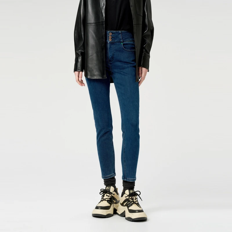 uti高腰修身小脚牛仔裤女装 简约百搭加绒休闲裤尤缇2023冬季新款