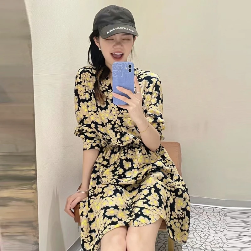 【MILIXU系列】买手店热卖黑底黄色山茶花春季度假风法式茶歇裙