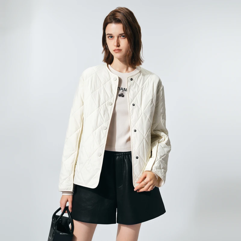 uti米白色菱格V领棉服女装百搭简约廓形圆领外套冬季新款