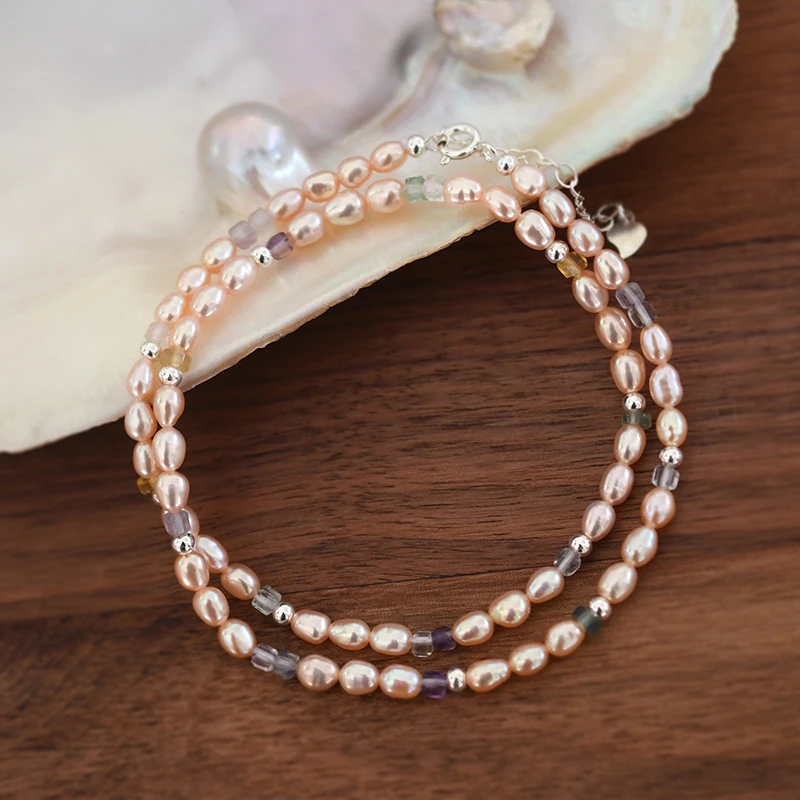 3-4mm天然淡水珍珠小米珠天然萤石925纯银项链（不带证书）XL3355