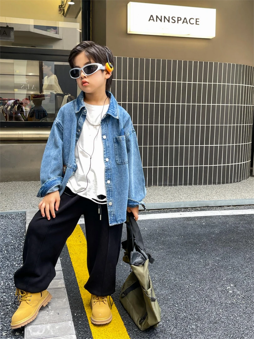 儿童春秋长袖休闲时尚百搭简约渐变男童牛仔衬衣薄款韩版小童大童