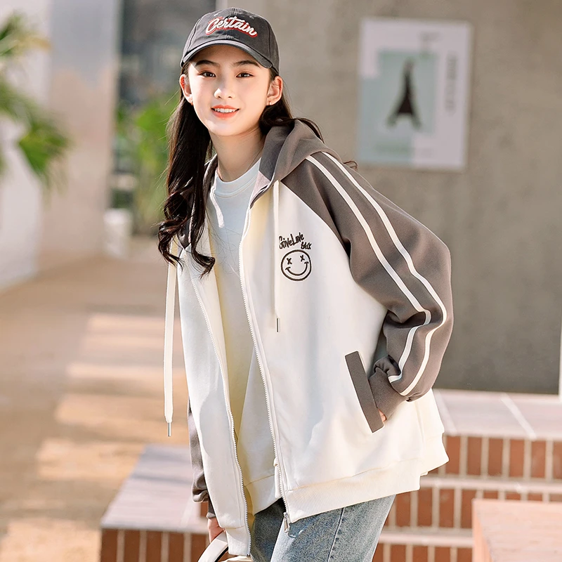 高中生美式风街头棒球服外套春季2023新款少女青少年休闲连帽卫衣