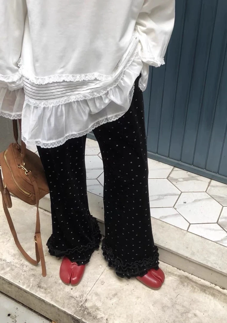 韩国东大门2024秋季新款时尚ins潮港风松高腰花边丝绒休闲裤女