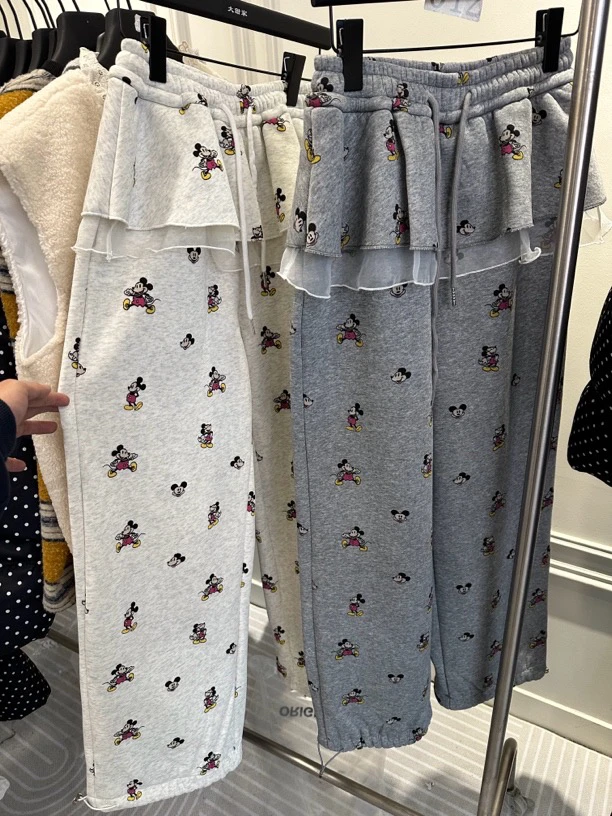 2024新款芭蕾风爆款米奇印花腰部蕾丝拼接高腰显瘦休闲裤百搭