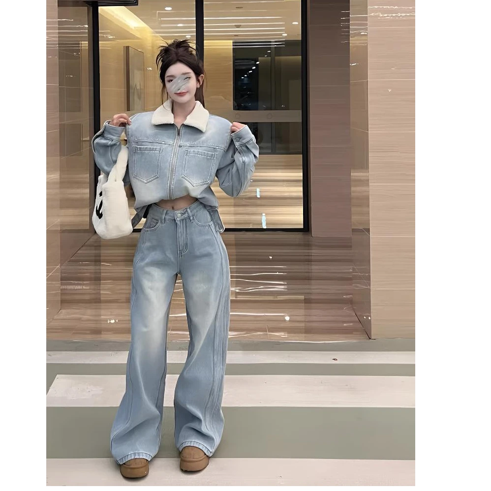 韩国东大门2024秋冬新款加绒加厚牛仔套装女外套阔腿牛仔裤两件套