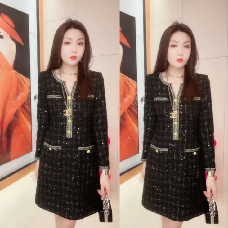 M9A83295新款气质长袖精致亮片黑色精致感减龄小香风秋冬连衣裙