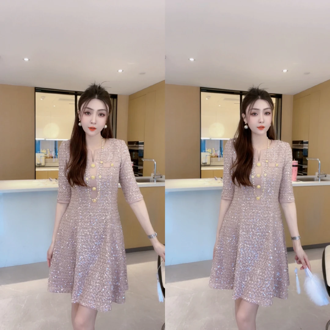 M9A85054   新款中袖初秋显瘦女装连衣裙粉色时尚轻奢法式裙子