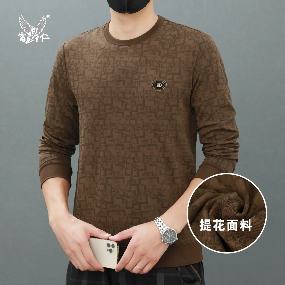 雷仁2023秋冬新款精品男士提花长袖T恤高档套头圆领卫衣男LR5829
