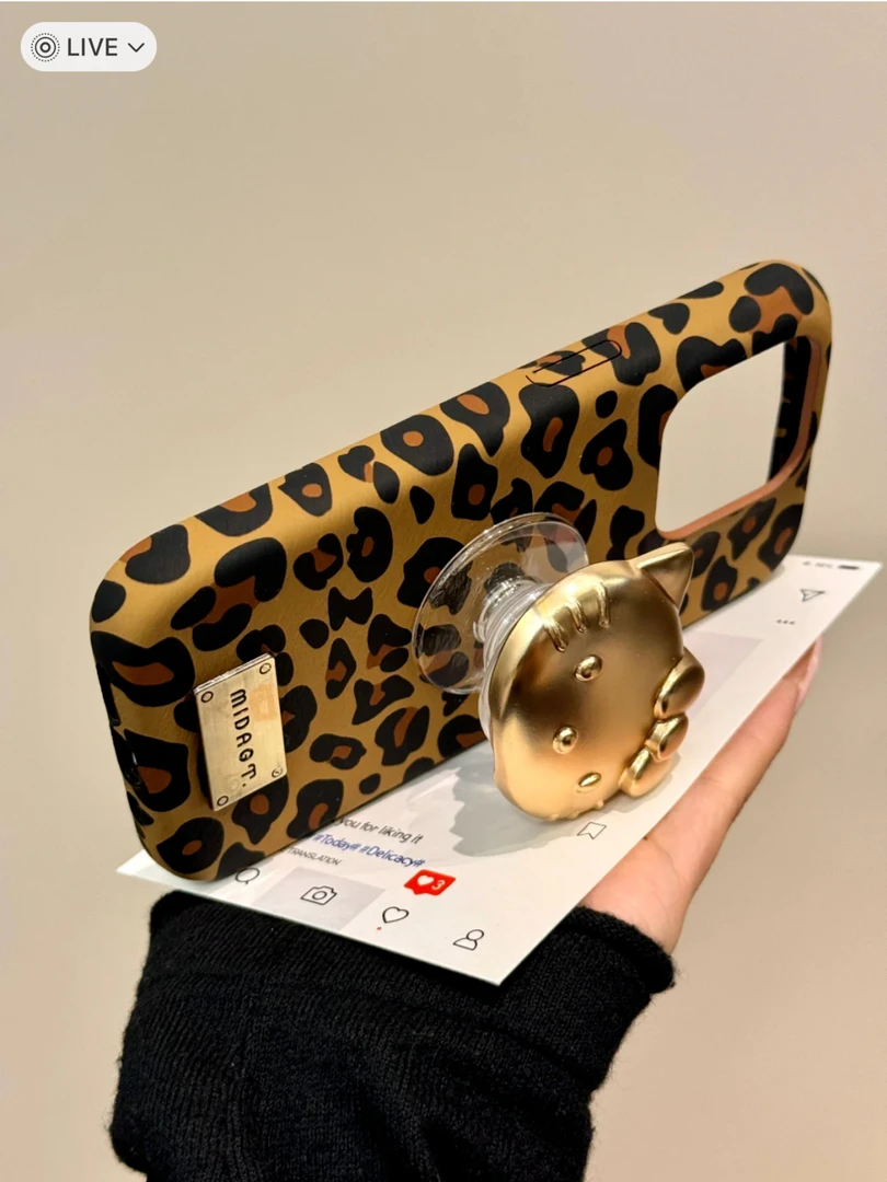 韩风小众豹纹猫咪支架适用iPhone16手机壳苹果15/14promax女13/12