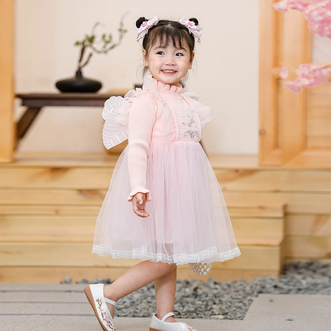 儿童秋冬毛衣公主裙 小女孩网纱洋气裙子 女童毛线长袖连衣裙