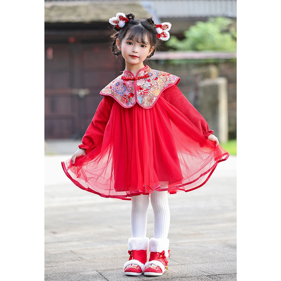 【繁华织锦】冬年款女童加绒加厚连衣裙 中国风刺绣儿童公主裙