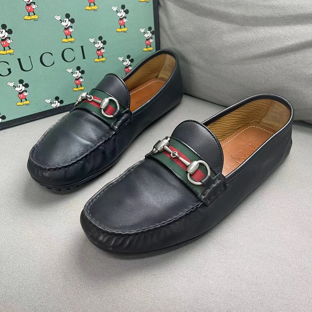 GUCCI/古驰黑色马衔口红绿条纹舒适时尚百搭潮流豆豆鞋 41码/95新