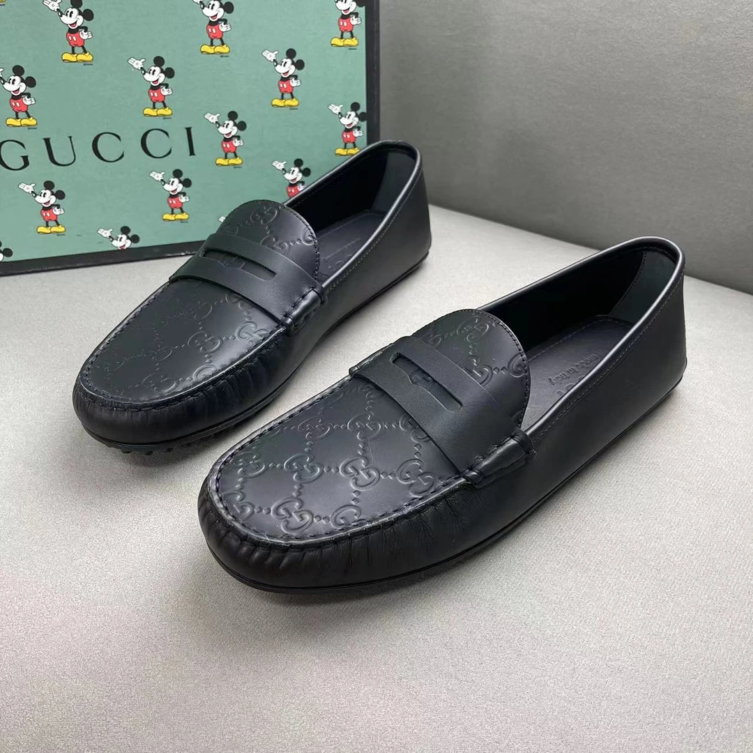GUCCI/古驰黑色经典老花浮雕半印时尚百搭软底豆豆鞋 41.5码/全新
