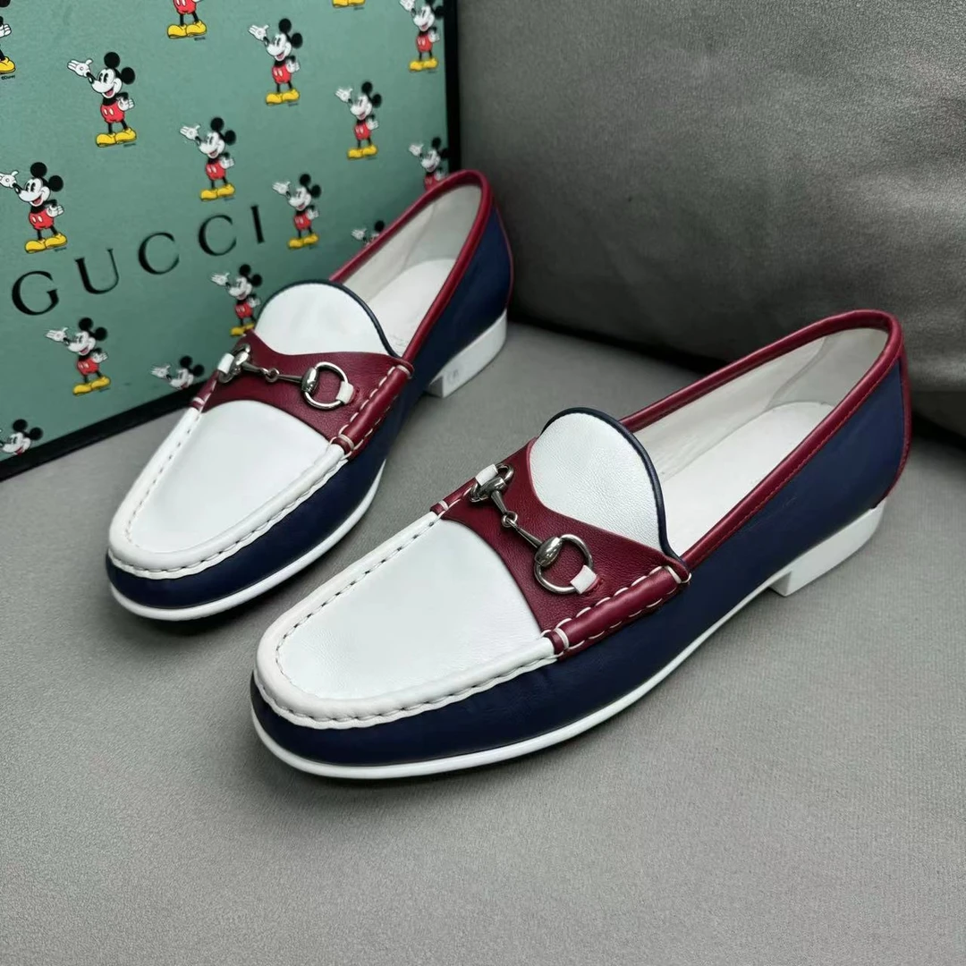99新 GUCCI/古驰 三色老花拼接时尚百搭马衔扣皮鞋 41码
