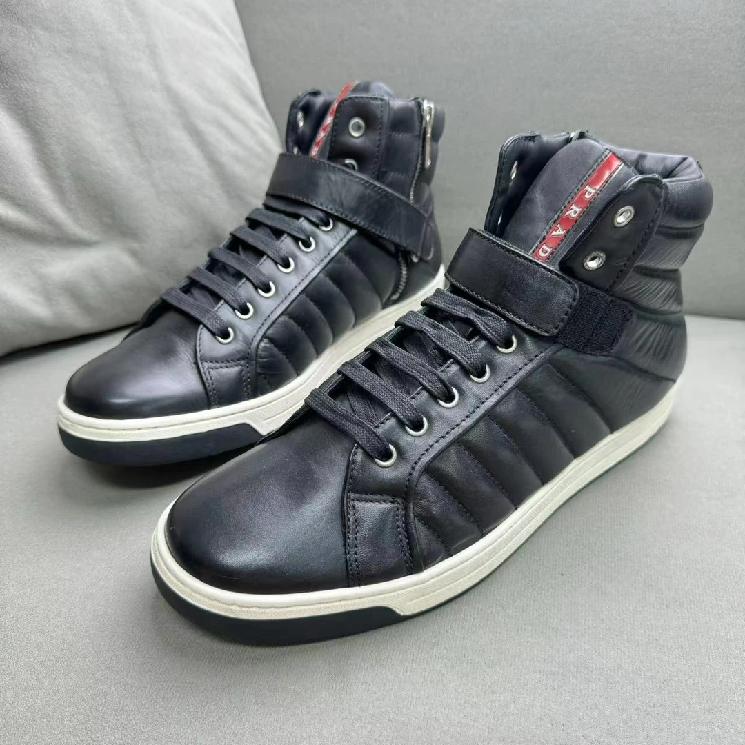 Prada/普拉达黑色时尚百搭潮流魔术贴高帮系带板鞋 43码/95新