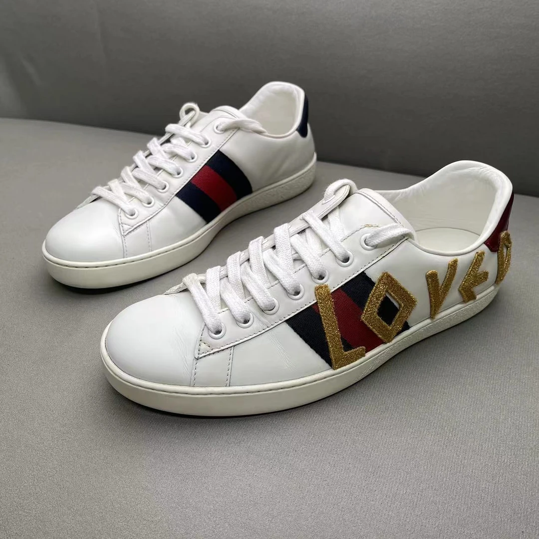 95新 GUCCI/古驰 白色经典刺绣大logo字母时尚百搭系带板鞋 40码