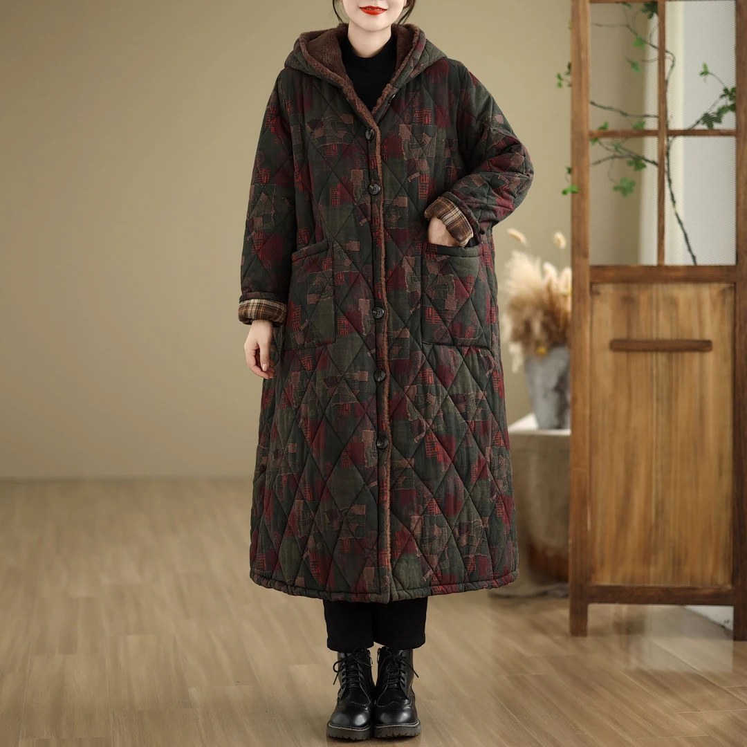 6624复古过膝连帽加绒加厚保暖冬季宽松休闲棉衣棉服时尚中长款