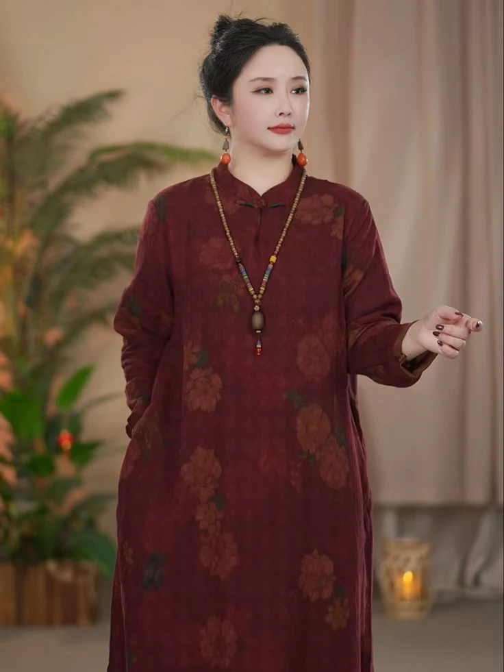 606复古时尚国风中式宽松重磅亚麻民族风连衣裙