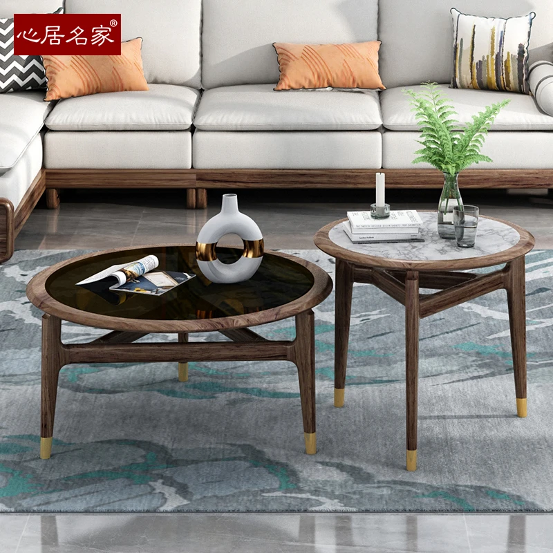 实木圆形茶几组合新中式客厅家具乌金木玻璃面现代简约