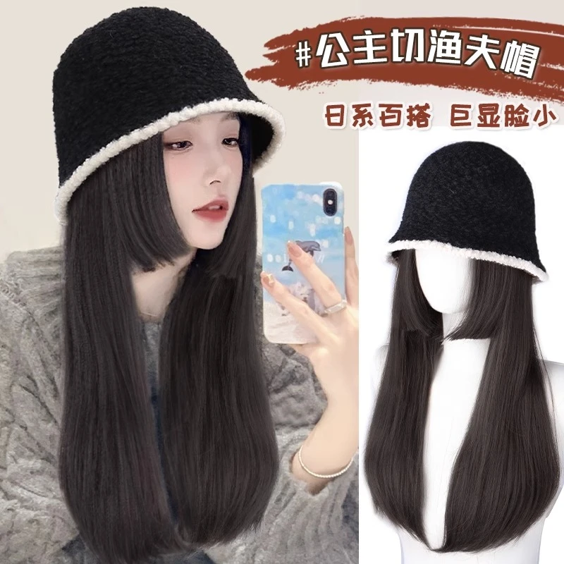 帽子假发一体女百搭公主切渔夫帽一体时尚2023新款冬季保暖全头套