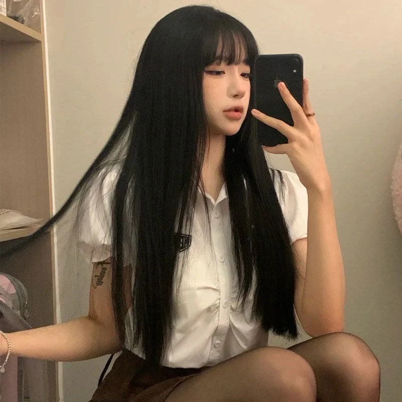 黑棕色女直发仿真日常圆脸lolita韩式网红自然空气刘海全头套假发