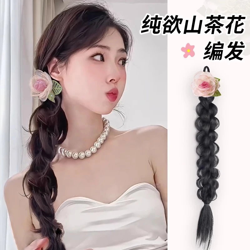 假发辫子麻花辫女欧根纱玫瑰花发饰仿真发气质白鹿同款侧边假发辫
