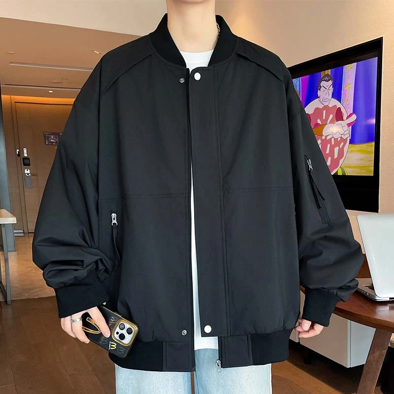 SM飞行夹克外套男装棒球服学生高级感纯色拉链口袋早秋外穿工装