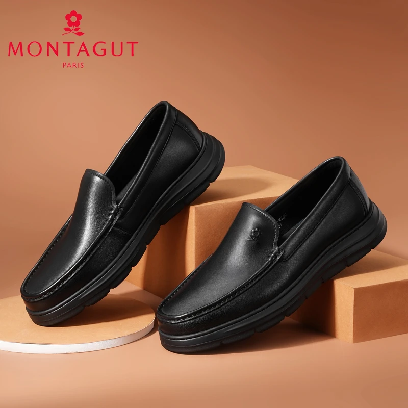 梦特娇男鞋秋冬季新款男士厚底商务休闲一脚蹬皮鞋真皮软底爸爸鞋