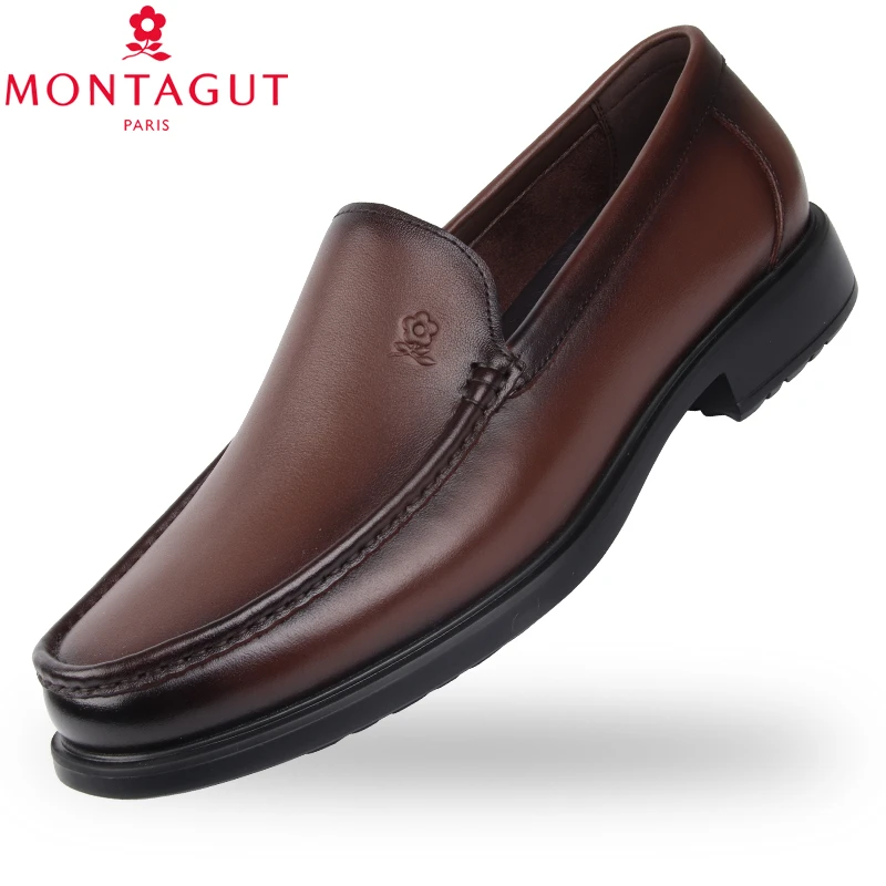 梦特娇男鞋2025春季新款商务休闲一脚蹬棕色皮鞋舒适软底爸爸皮鞋