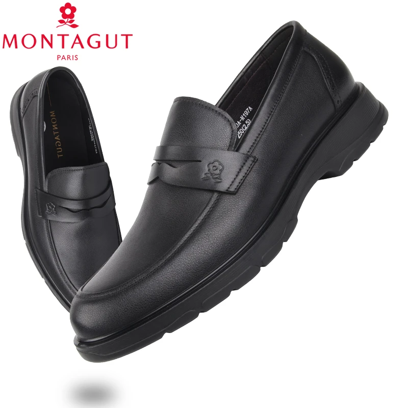 梦特娇男鞋秋冬新款真皮商务休闲一脚蹬厚底乐福鞋软底舒适工作鞋