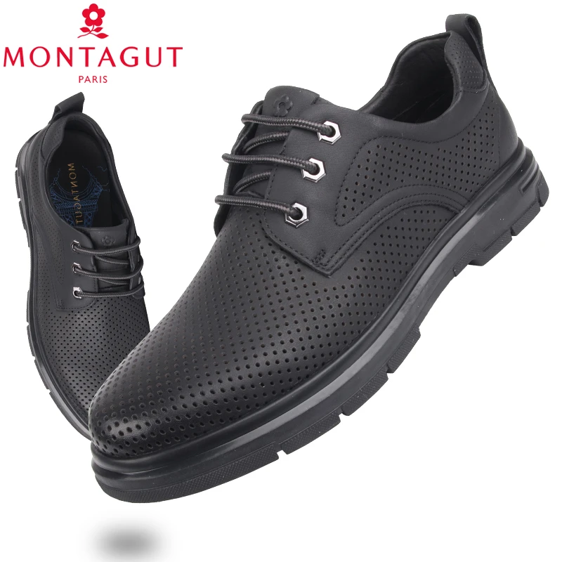 梦特娇男鞋2025夏季新款透气镂空户外休闲皮鞋男厚底耐磨工装皮鞋