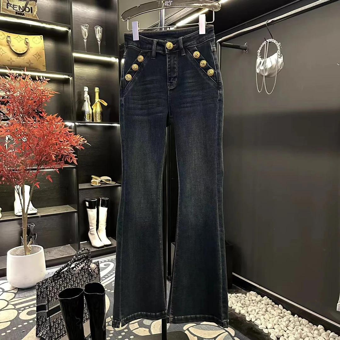 【银茂/KO】金色扣牛仔裤2023秋冬新款修身显腿长女士显瘦963/0943