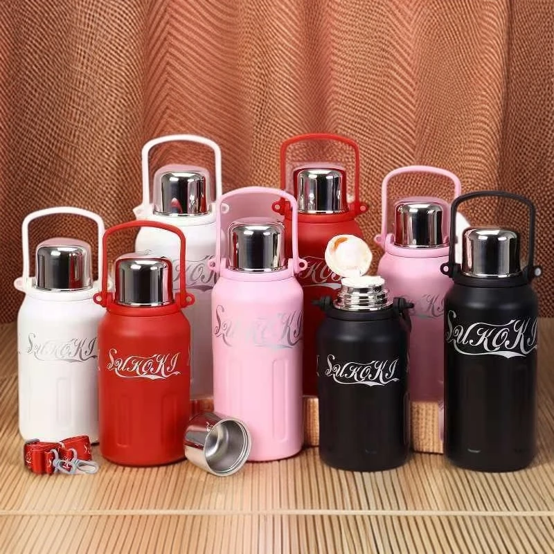 高颜值新款保温杯316不锈钢学生户外手提斜跨背带保温杯