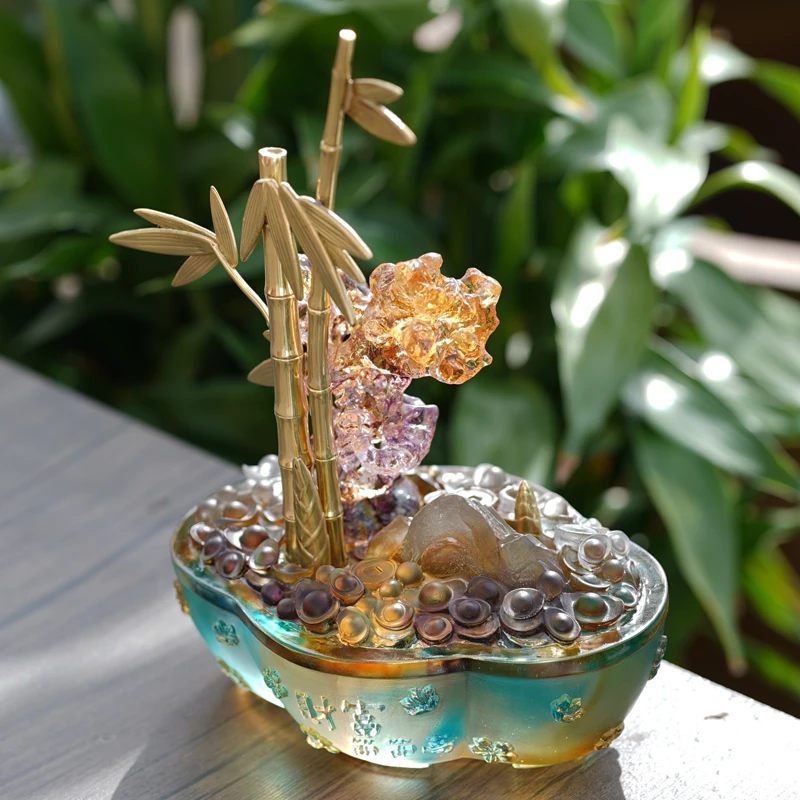 琉璃摆件财富节节高竹子山石办公室摆件创意家居装饰品开业礼品